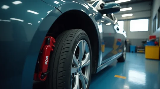 Illustration conceptuelle d'une voiture de location en cours d'entretien avec mise en avant des aspects sécurité et préparation à la route