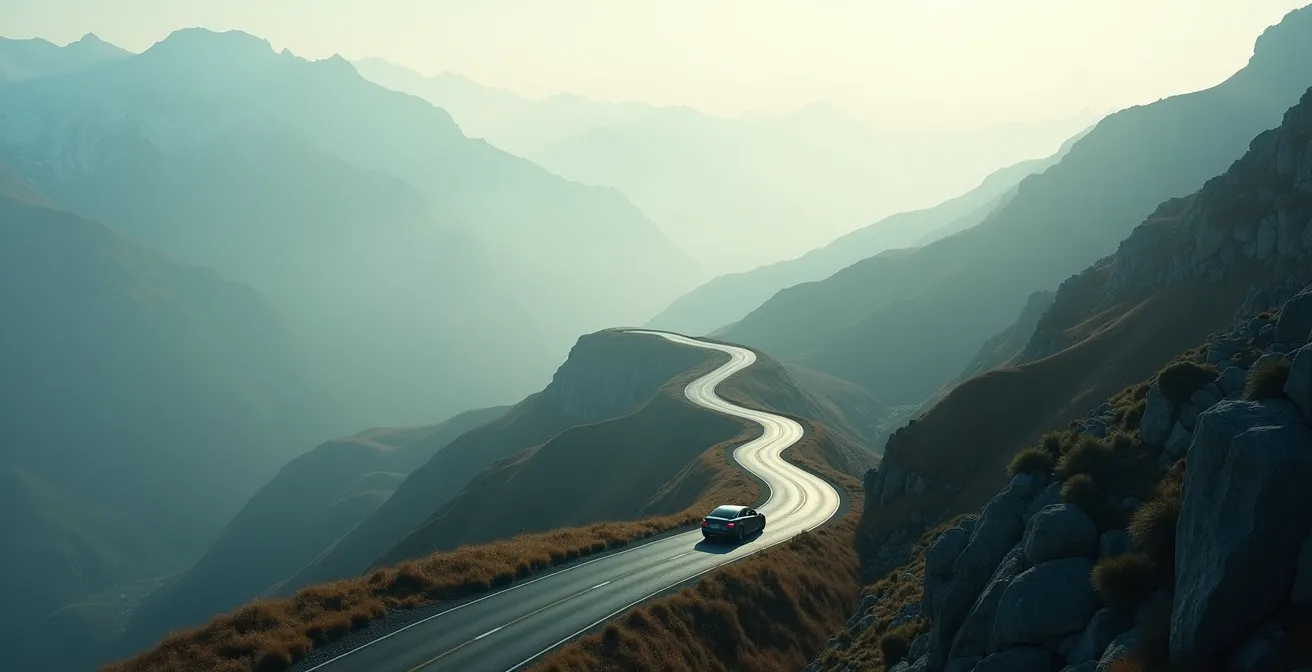 Vue aérienne d'une route sinueuse de montagne avec virages serrés