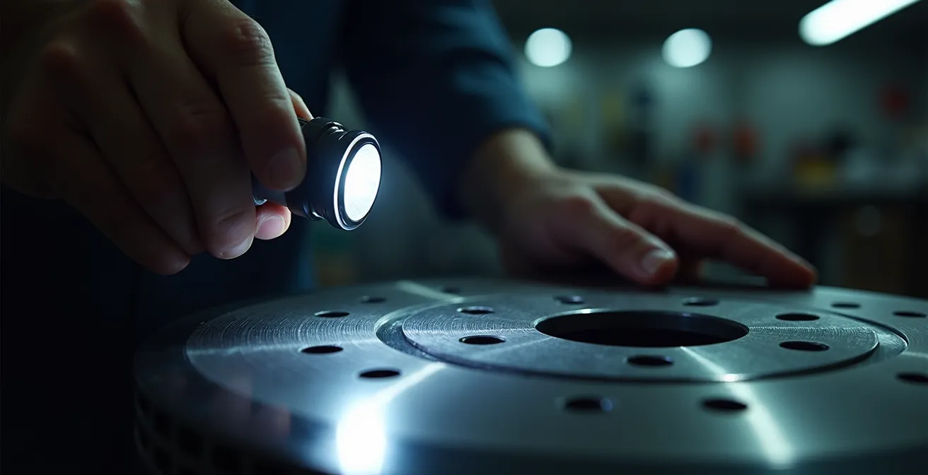 Gros plan sur une main tenant une lampe torche éclairant un disque de frein