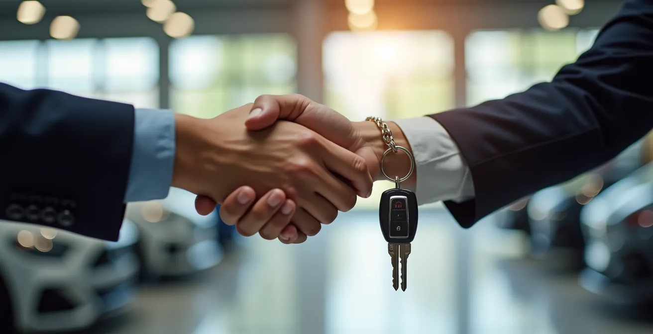 Poignée de main professionnelle entre deux personnes avec clés de voiture