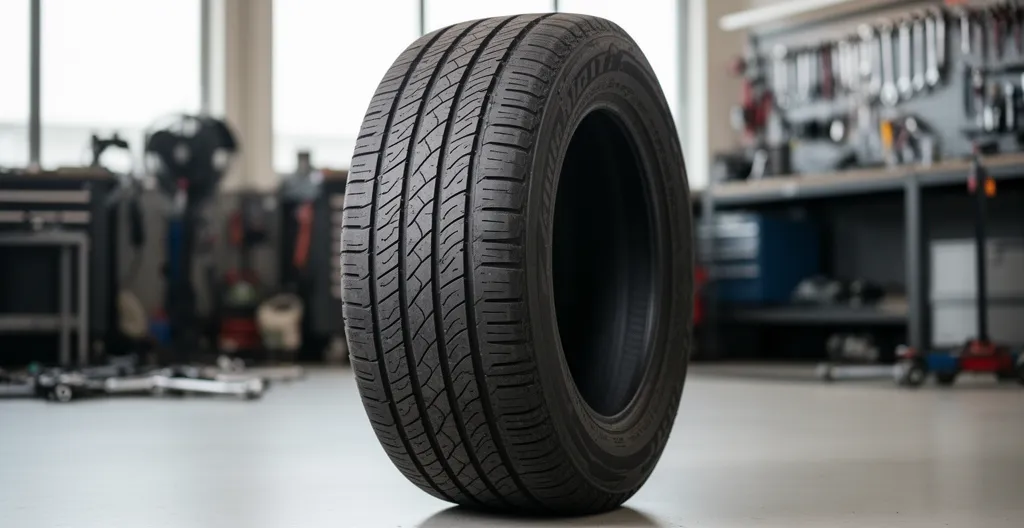 Pneu 4 saisons posé verticalement dans un atelier automobile