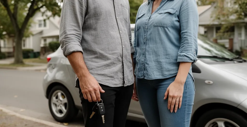 Deux personnes debout près d'une voiture dans une rue résidentielle